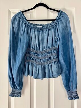 Bella Dahl Light Blue Denim Smocked Peasant Top